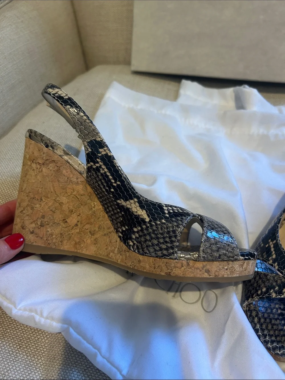 Jimmy Choo Black and Tan Snake-Print Wedge Slingbacks